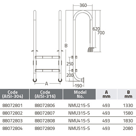 Лестница 4 ступени (у.б.) Emaux NMU415-S  AISI-304 