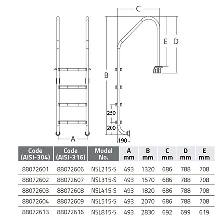 Лестница 4 ступени (ш.б.) Emaux NSL415-S  AISI-316 