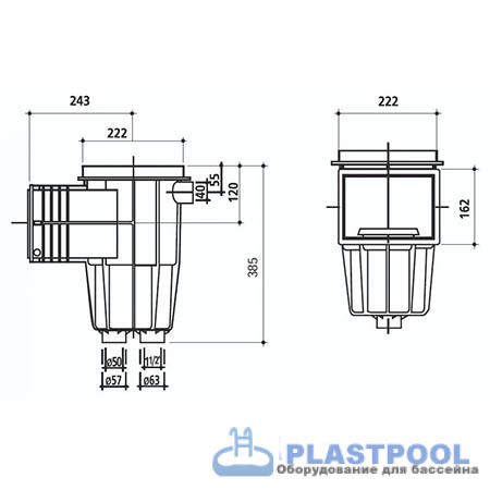Скиммер Gemas 222х162мм 1 1/2" ВР с квадратной крышкой без декор. рамки (плитка)