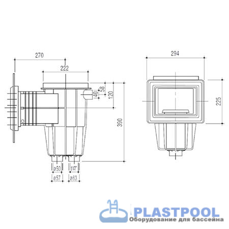 Скиммер Gemas 295х225мм 1 1/2" ВР с квадратной крышкой с декор. рамкой (универсал)